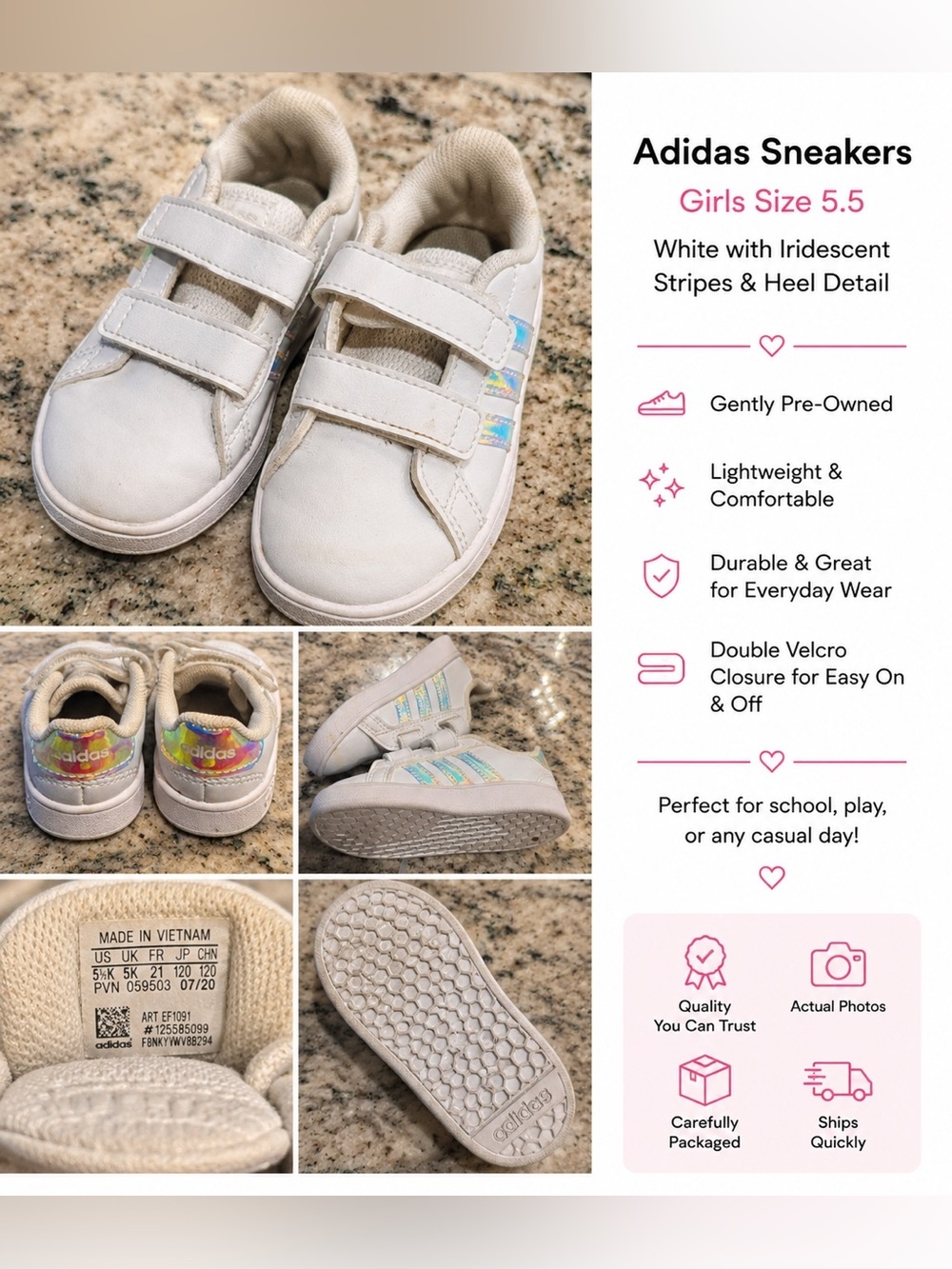 adidas Kids White Sneakers with Iridescent Stripes - Girls Size 5.5